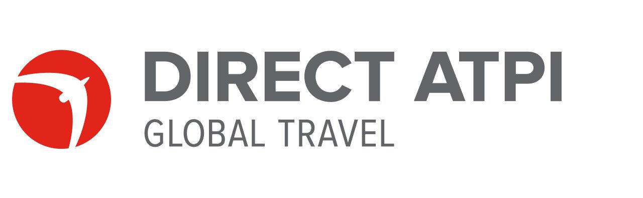 Logo for DIRECT ATPI GLOBAL TRAVEL, featuring a red circle with a white stylized bird on the left and the company name in bold gray letters to the right.