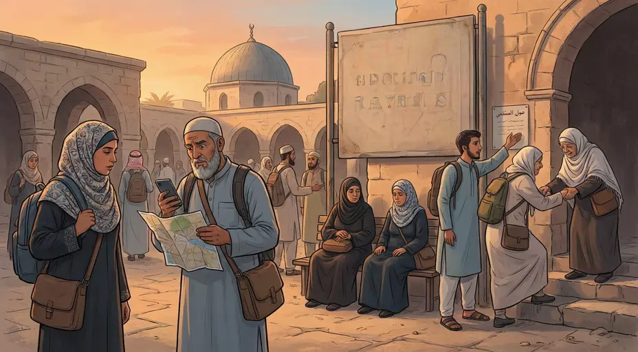 Muslim pilgrims near a mosque facing travel challenges.